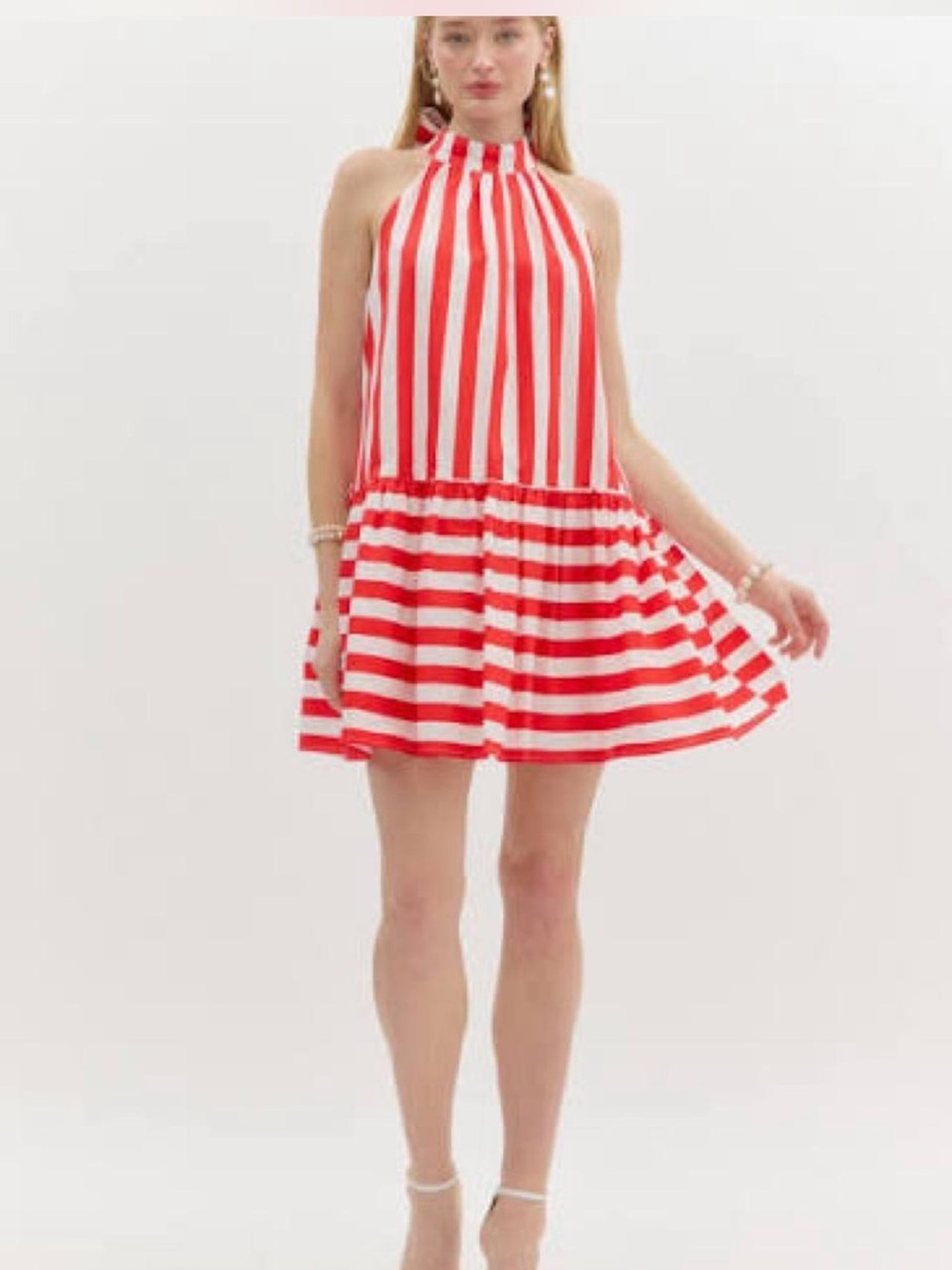 Entro Red and White Striped Halter Dress  - Sleeveless Summer Dress